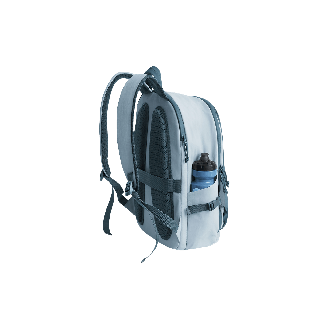 Pack Voyage 25L ouverture 180° SOAR - Bleu Ciel - Vue de dos avec une gourde