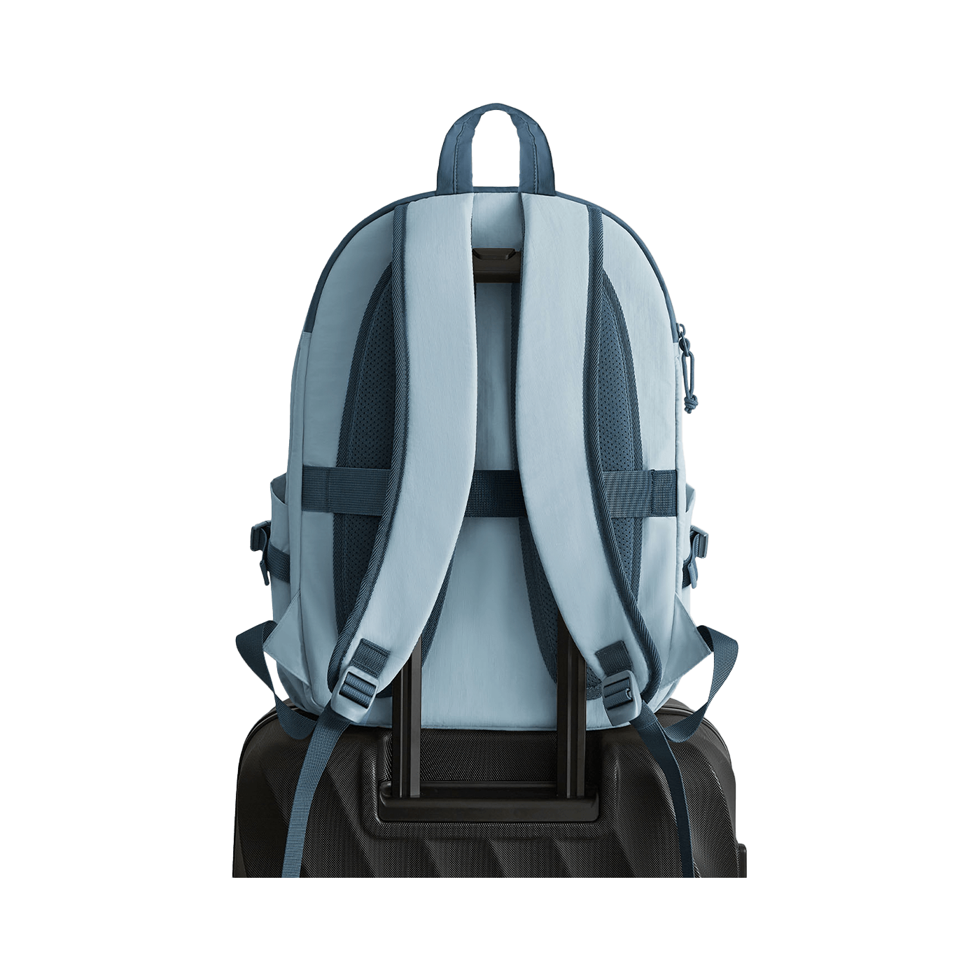 Pack Voyage 25L ouverture 180° SOAR - Bleu Ciel - Vue de dos posé sur une valise