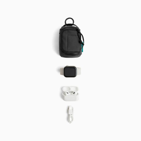 Mini pochette AirPods & Buds - Noir - Vue du dessus avec accessoires